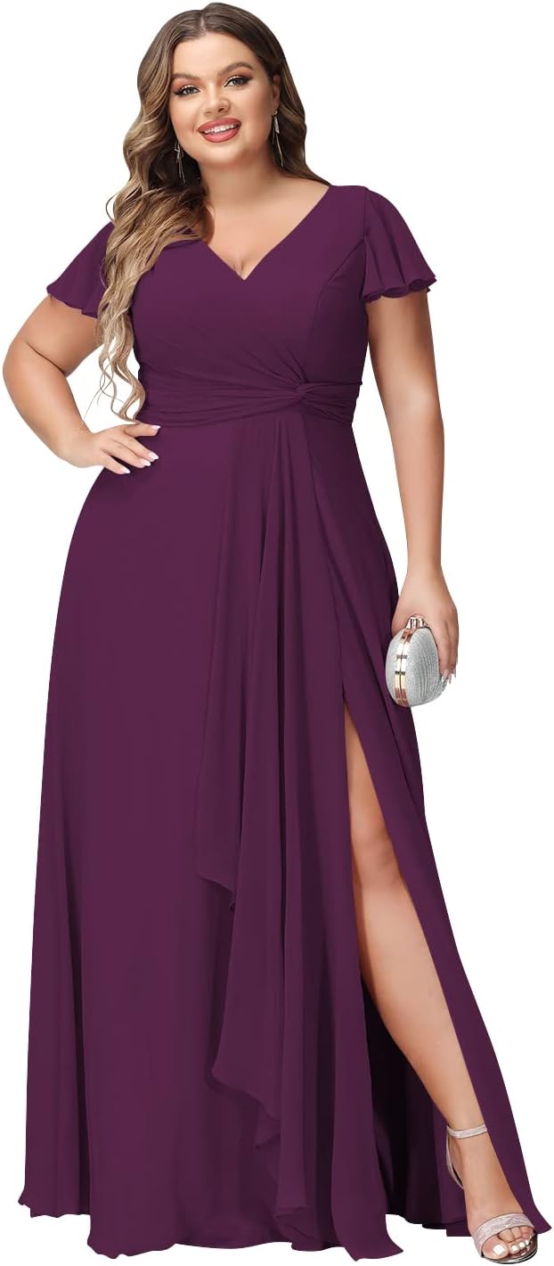 Vestidos de dama de honor de talla grande con mangas con volantes y bolsillos, vestido formal largo con escote en V y abertura. 