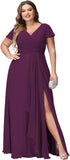 Vestidos de dama de honor de talla grande con mangas con volantes y bolsillos, vestido formal largo con escote en V y abertura. 