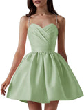 Satin Homecoming Dresses for Teens Spaghetti Straps Short Prom Dress A-Line Cocktail Wedding Guest Dress