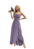 Spaghetti Strap Chiffon Bridesmaid Dresses for Women Long Ruched A-Line Cowl Neck Formal Evening Gowns with Slit