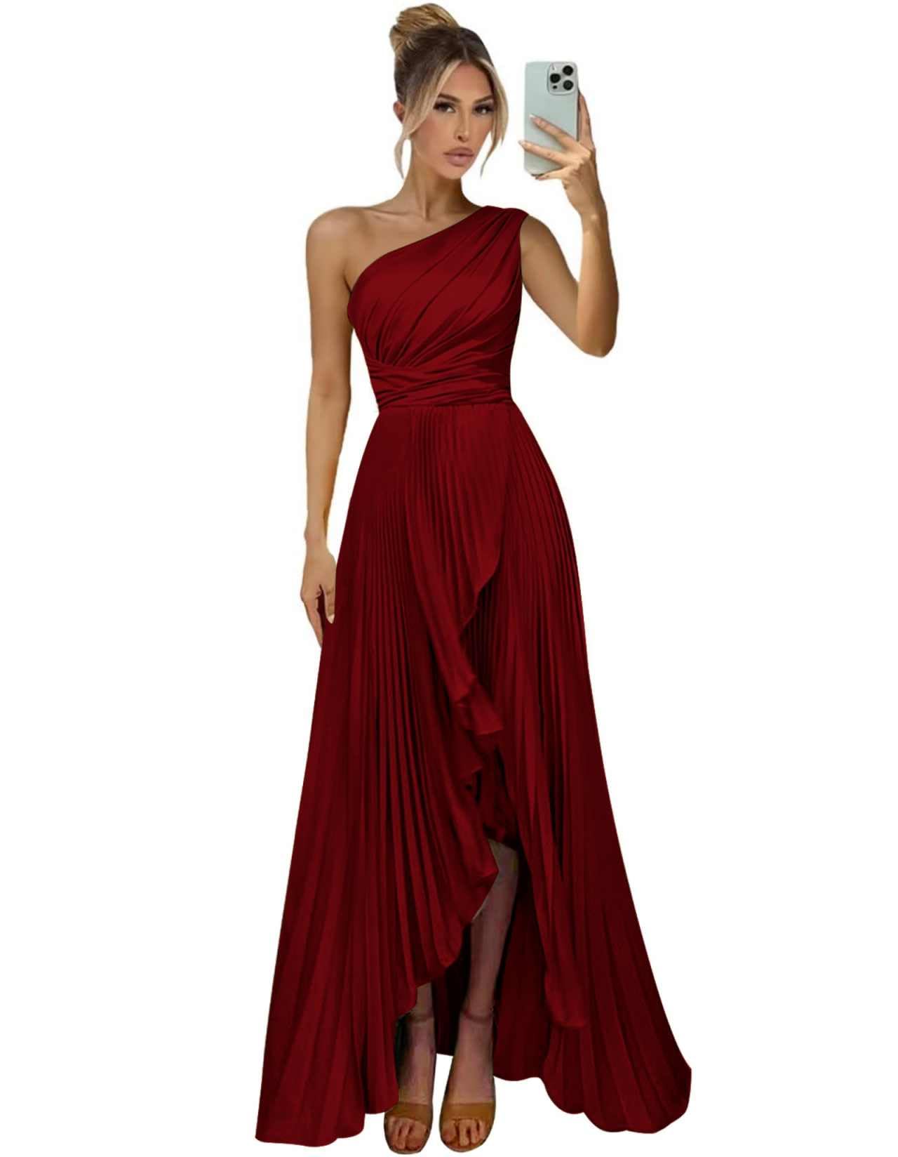 One Shoulder Bridesmaid Dresses for Women Satin Pleated Long A Line Formal Prom Evening Party Dress with Slit