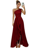 One Shoulder Bridesmaid Dresses for Women Satin Pleated Long A Line Formal Prom Evening Party Dress with Slit