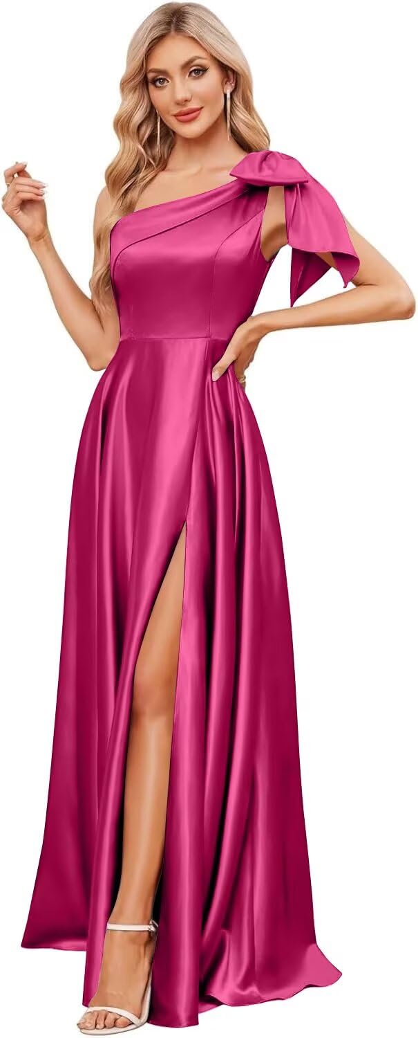 One Shoulder Bridesmaid Dresses for Women 2027 Long Satin A-line Formal Evening Party Dress with Slit