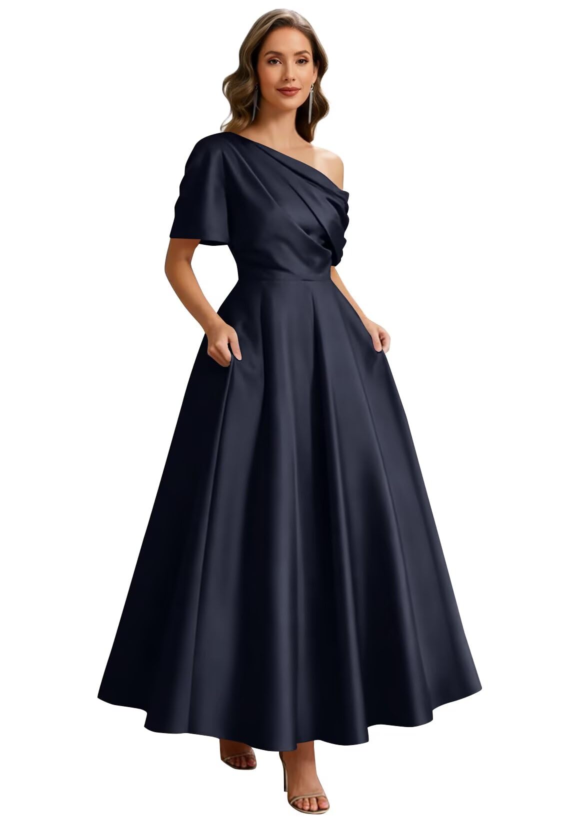 Kingbridal Satin Mother of The Bride Dresses for Women Tea Length Formal Dress One Shoulder Evening Party Gowns with Pockets