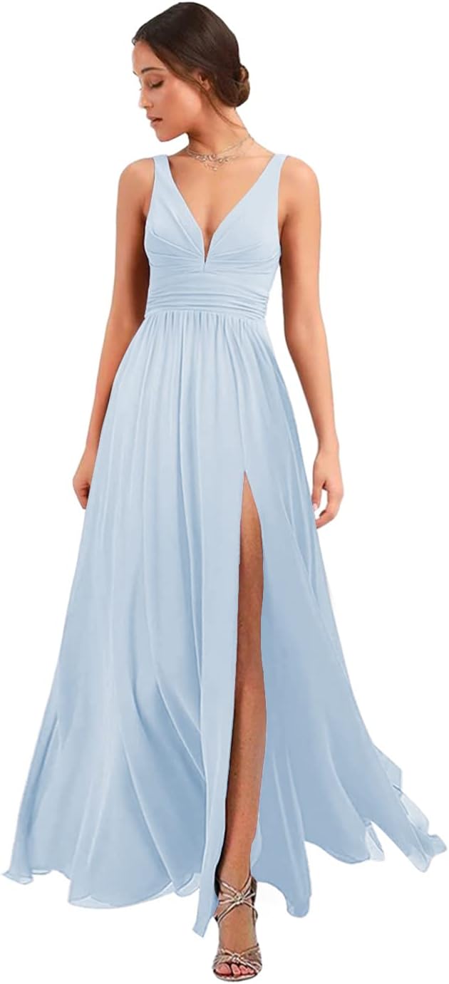 Women's Deep V Neck Bridesmaid Dresses with Slit Chiffon Pleats A Line Formal Party Dresses with Pockets
