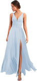Women's Deep V Neck Bridesmaid Dresses with Slit Chiffon Pleats A Line Formal Party Dresses with Pockets