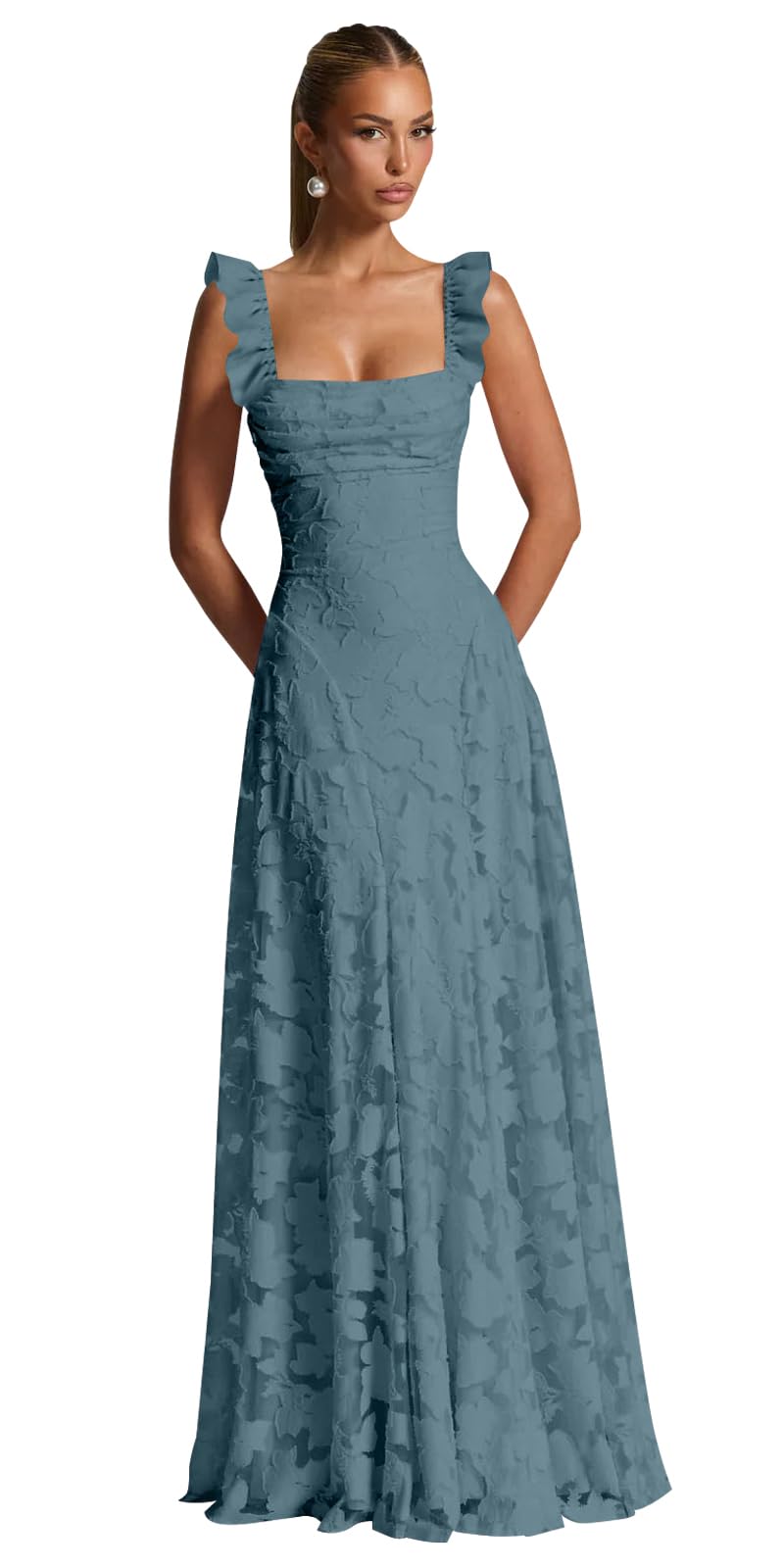 Ruched Jacquard Prom Dresses for Women Teens Ruffle Strap Floral Maxi Formal Dress Evening Gown