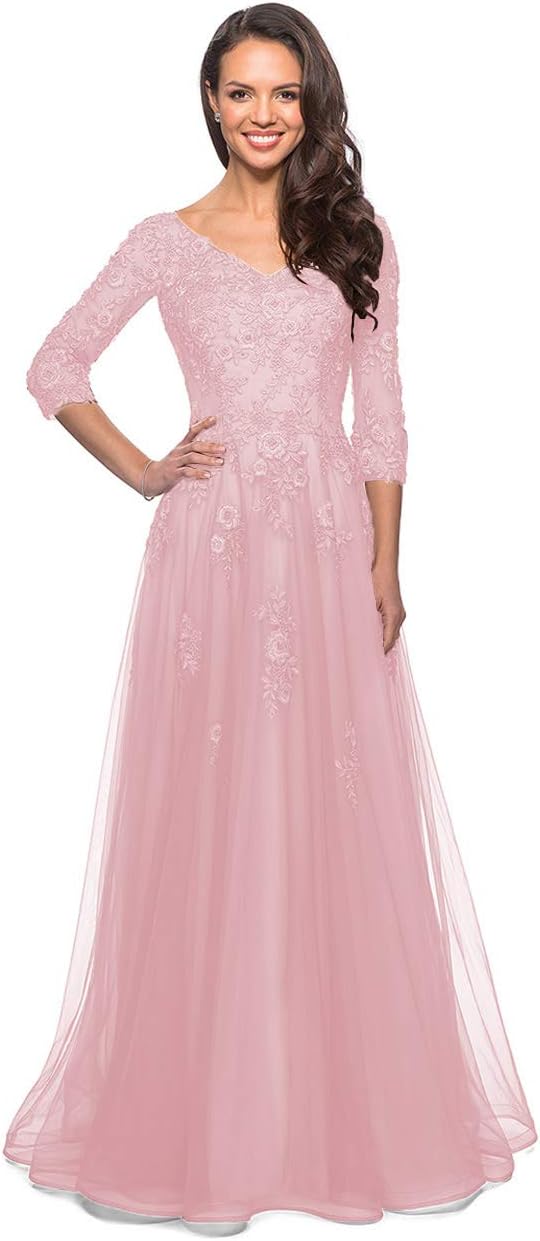 Women's Floral Lace Appliques 3/4 Sleeve Mother of The Bride Dresses Long V Neck Formal Dresses with Pockets