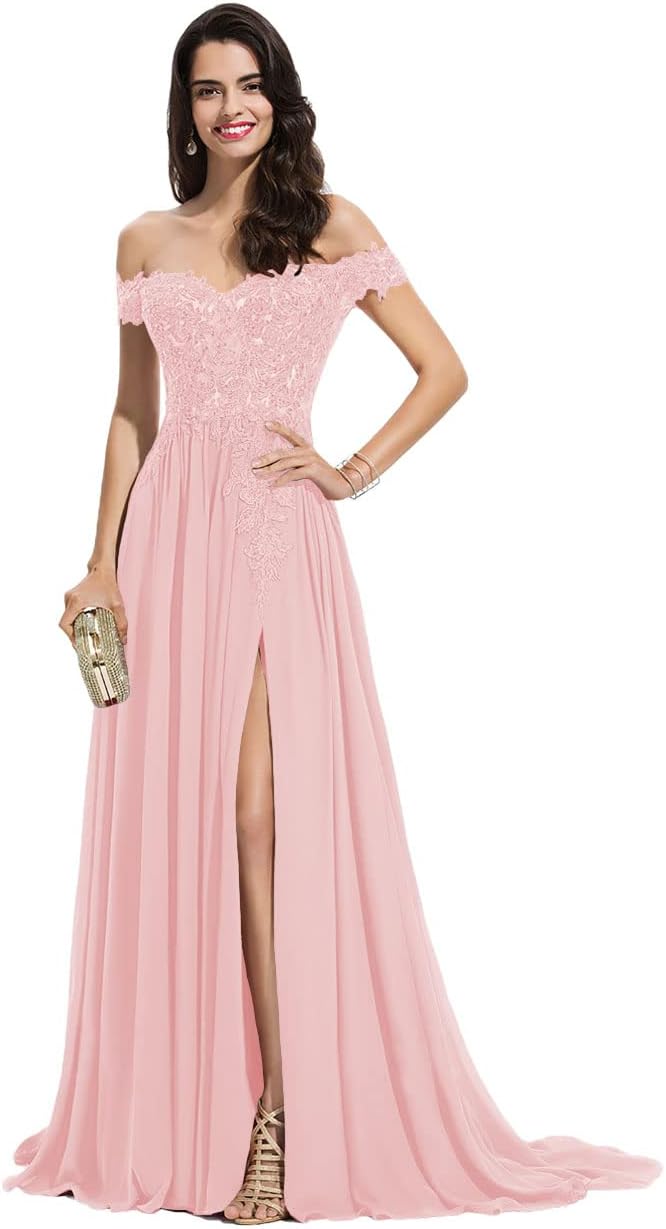 Women's Off The Shoulder Long Prom Dresses with Slit Lace Appliqued Chiffon Formal Party Gowns