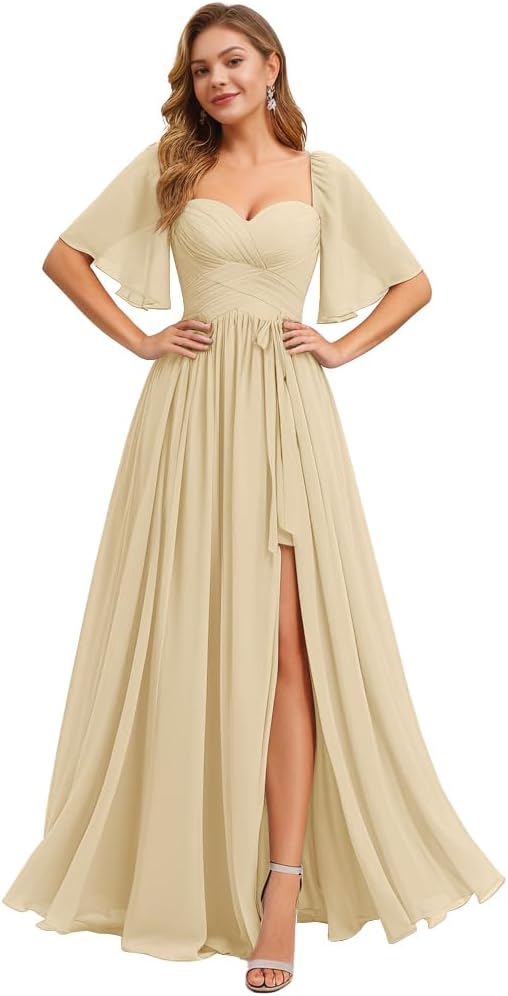 Women's Chiffon Bridesmaid Dresses for Wedding Flutter Sleeves Ruched A Line Long Formal Dress with Slit