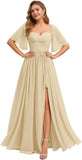 Women's Chiffon Bridesmaid Dresses for Wedding Flutter Sleeves Ruched A Line Long Formal Dress with Slit