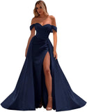 Vestidos de fiesta de satén con hombros descubiertos, corte sirena, fruncido, de noche formal, para mujer 