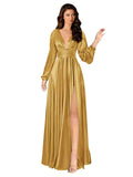 Kingbridal Gowns Long Sleeve Satin Bridesmaid Dresses for Women Long A-Line V-Neck Pleated Formal Evening Party Ball Gown with Slit