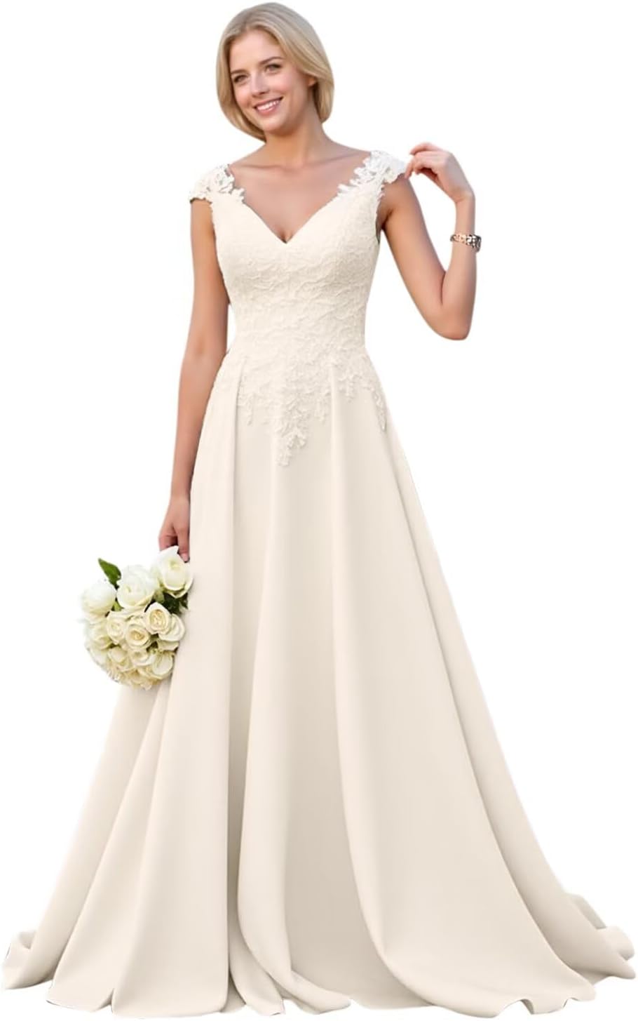 Kingbridal Gowns Lace Appliques Wedding Dresses for Bride Long V Neck Tulle Chiffon A-line Sleeveless Bridal Ball Gown for Women