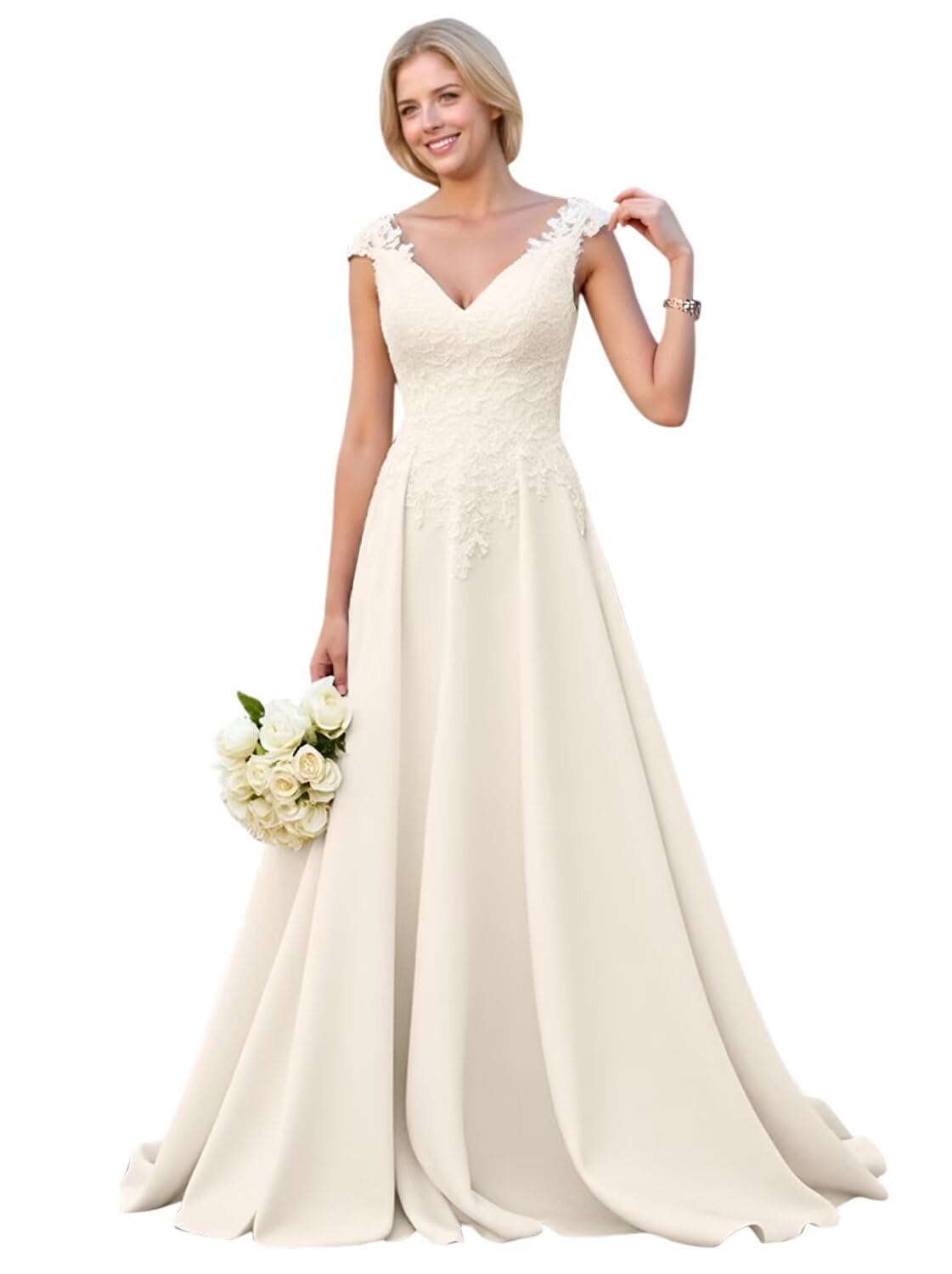 Kingbridal Gowns Lace Appliques Wedding Dresses for Bride Long V Neck Tulle Chiffon A-line Sleeveless Bridal Ball Gown for Women