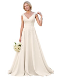 Kingbridal Gowns Lace Appliques Wedding Dresses for Bride Long V Neck Tulle Chiffon A-line Sleeveless Bridal Ball Gown for Women