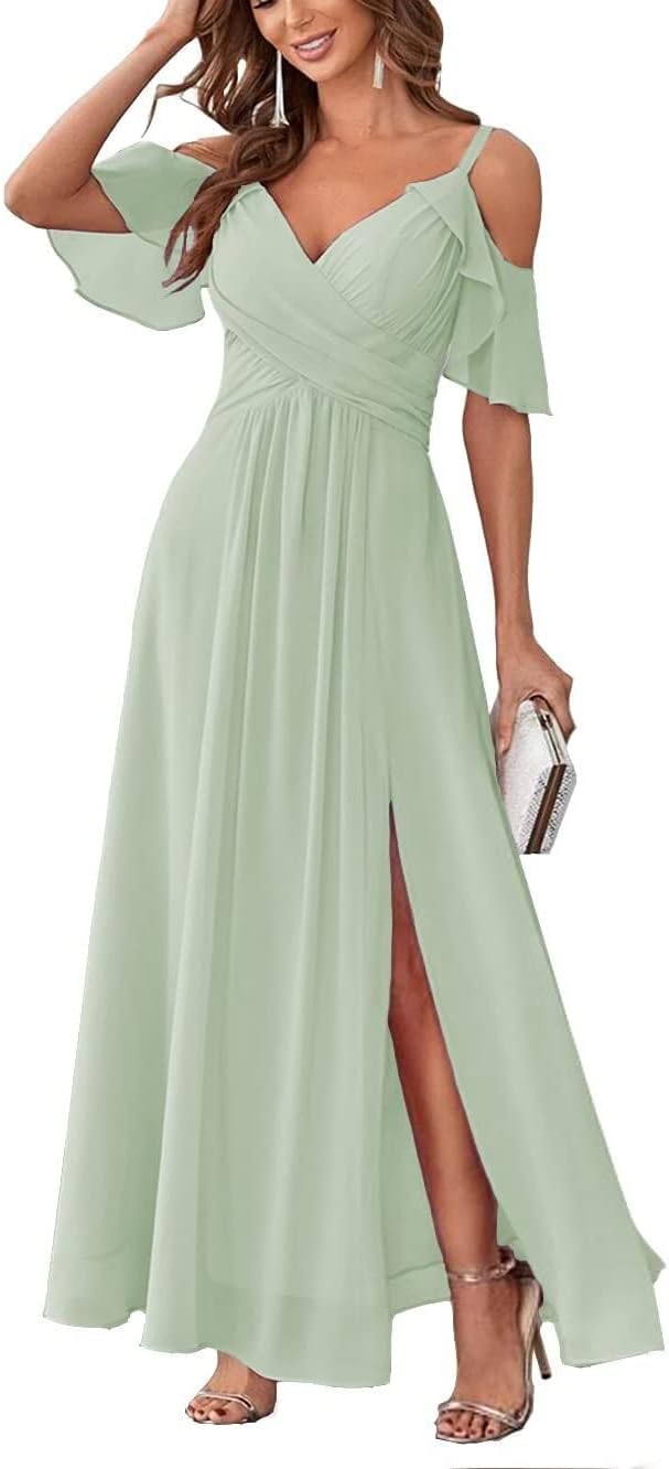 Women's Cold Shoulder Bridesmaid Dresses Long Summer Side Slit Chiffon Formal Evening Gown with Pockets