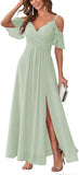Women's Cold Shoulder Bridesmaid Dresses Long Summer Side Slit Chiffon Formal Evening Gown with Pockets