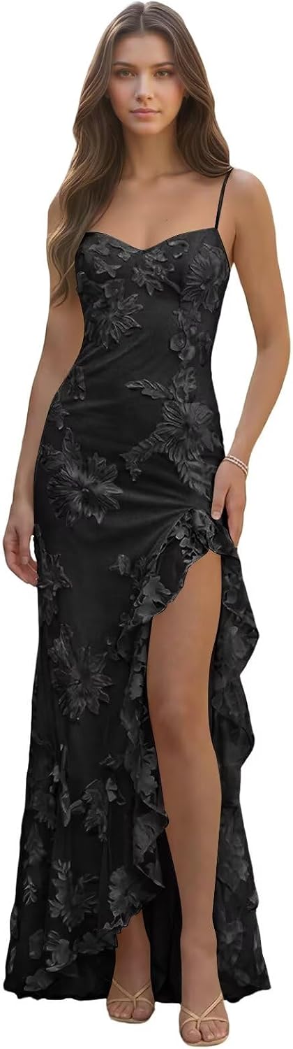 Spaghetti Straps Floral Embroidery Mermaid Prom Dress 2026 Long Corset Formal Evening Gowns with Ruffle Slit