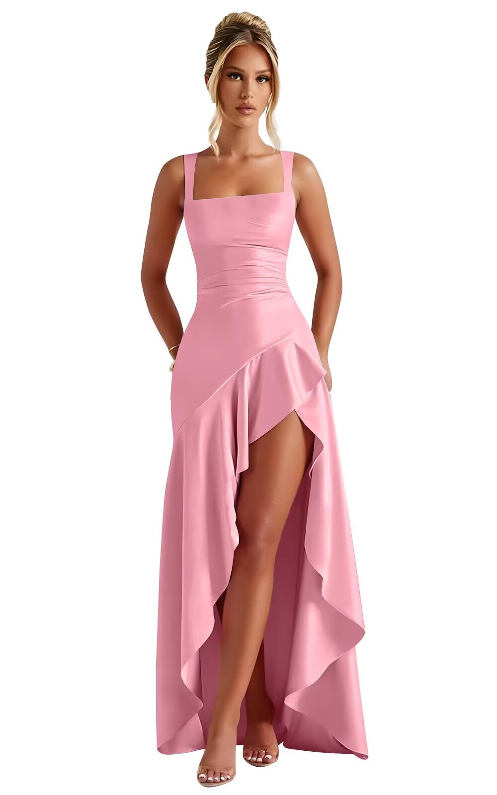 Mermaid Satin Bridesmaid Dresses for Women 2027 Long Ruffles High Low Prom Formal Evening Party Dress with Slit