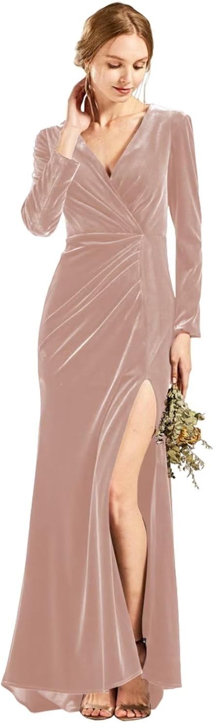 Langärmliges Brautjungfernkleid aus Samt mit Schlitz, V-Ausschnitt, Meerjungfrau-Stil, formelles Kleid für Damen