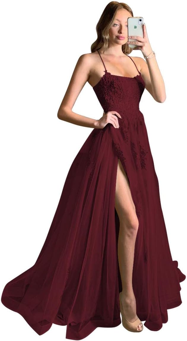 Women's Lace Criss-Cross Prom Dresses with Slit Spaghetti Straps Long Formal Evening Gowns