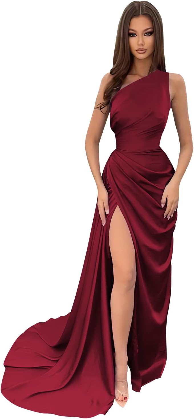 Vestidos de dama de honor largos con un hombro al descubierto y pliegues de satén estilo sirena para fiesta de boda formal 