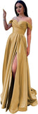 Schulterfreies Satin-Ballkleid, herzförmiger Ausschnitt, formelles Kleid, A-Linie, Abendkleid mit Schlitz 