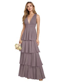 V Neck Chiffon Bridesmaid Dresses for Women 2027 Long Tiered A-Line Ruffles Formal Evening Party Dress