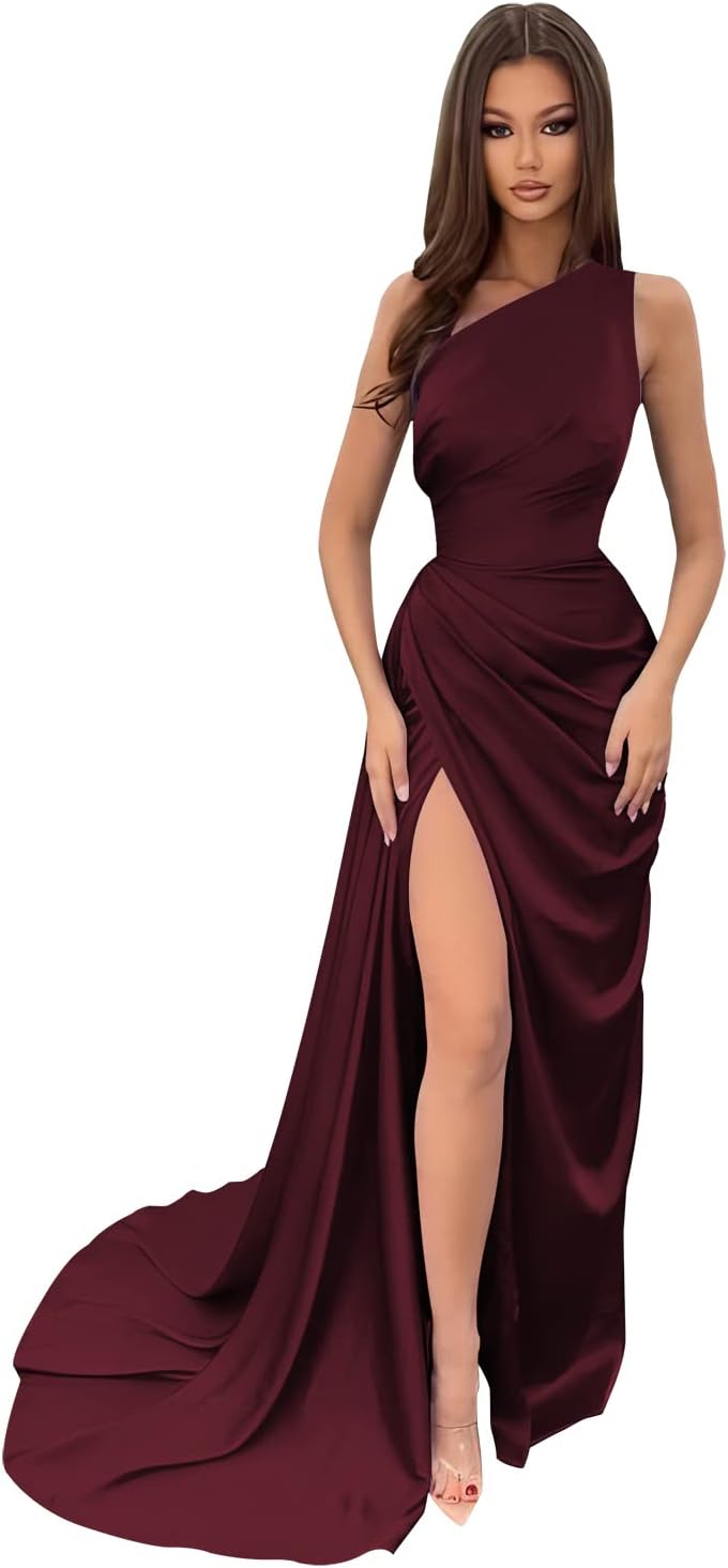 Vestidos de dama de honor largos con un hombro al descubierto y pliegues de satén estilo sirena para fiesta de boda formal 