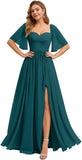 Women's Chiffon Bridesmaid Dresses for Wedding Flutter Sleeves Ruched A Line Long Formal Dress with Slit