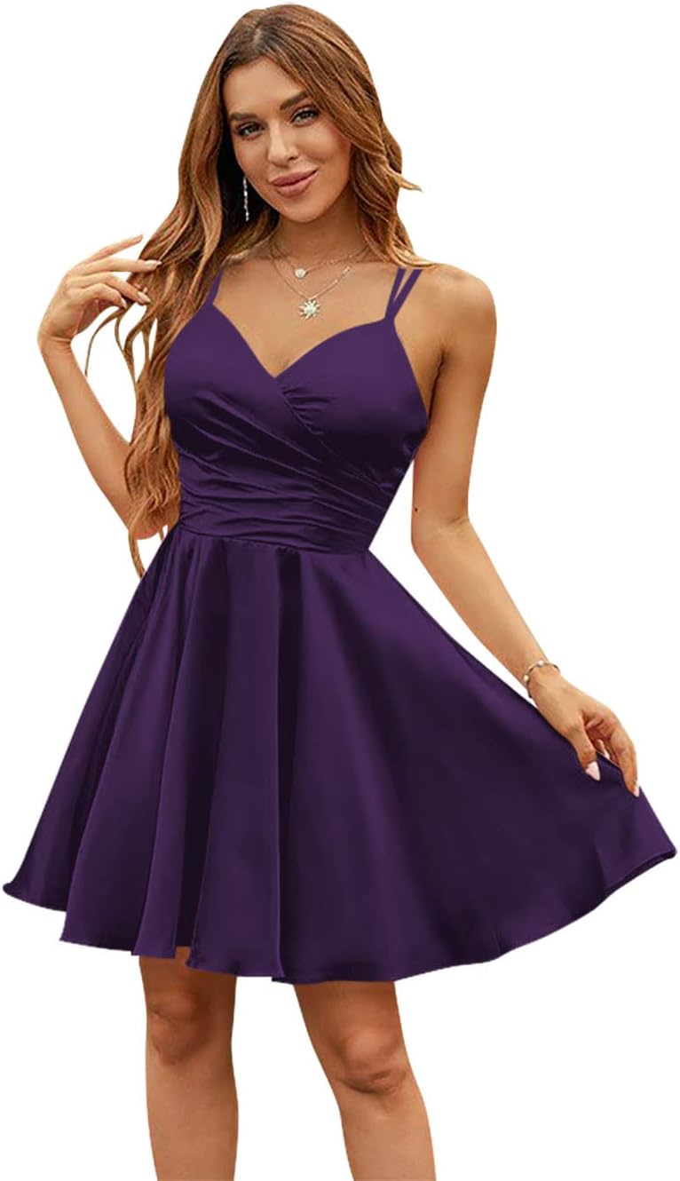 Vestidos de fiesta de satén con escote en V, cortos, con tirantes finos y bolsillos para adolescentes 