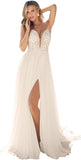 Kingbridal Gowns Lace Appliques Wedding Dresses for Bride Long V Neck Tulle Chiffon A-line Sleeveless Bridal Ball Gown for Women
