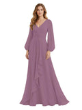 Women's Chiffon Bridesmaid Dresses Long Sleeve Ruffles V-Neck Pleated Formal Wedding Guest Dresses Mother of the bride Dress