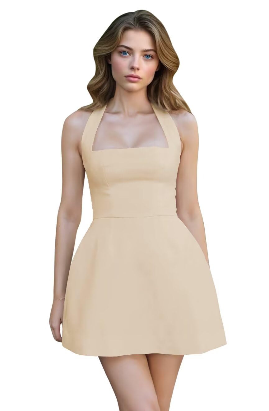 Satin Halter Homecoming Dresses for Teens Short Prom Dress 2027 Mini Formal Evening Cocktail Gowns with Pockets