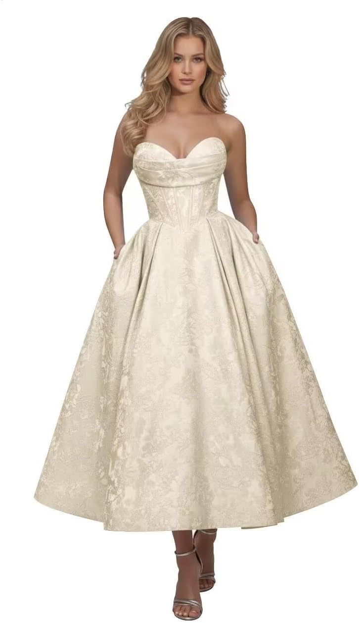 Sweetheart Bridesmaid Dresses Midi Cowl Neck Prom Dress for Women 2026 Floral Jacquard A Line Formal Evening Party Dress with Pockets