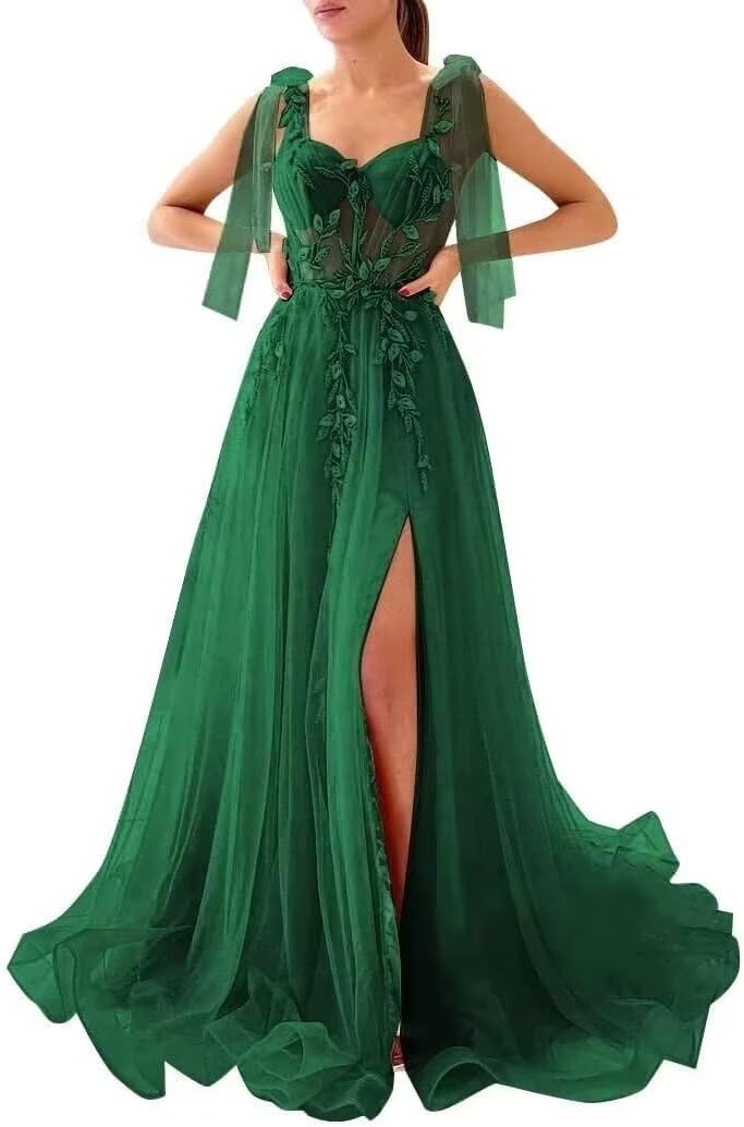 Appliques Tulle Lace Prom Dresses with Slit Spaghetti Straps Formal Evening Dress Sweetheart Ball Gowns