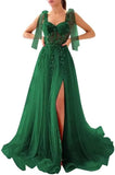 Appliques Tulle Lace Prom Dresses with Slit Spaghetti Straps Formal Evening Dress Sweetheart Ball Gowns