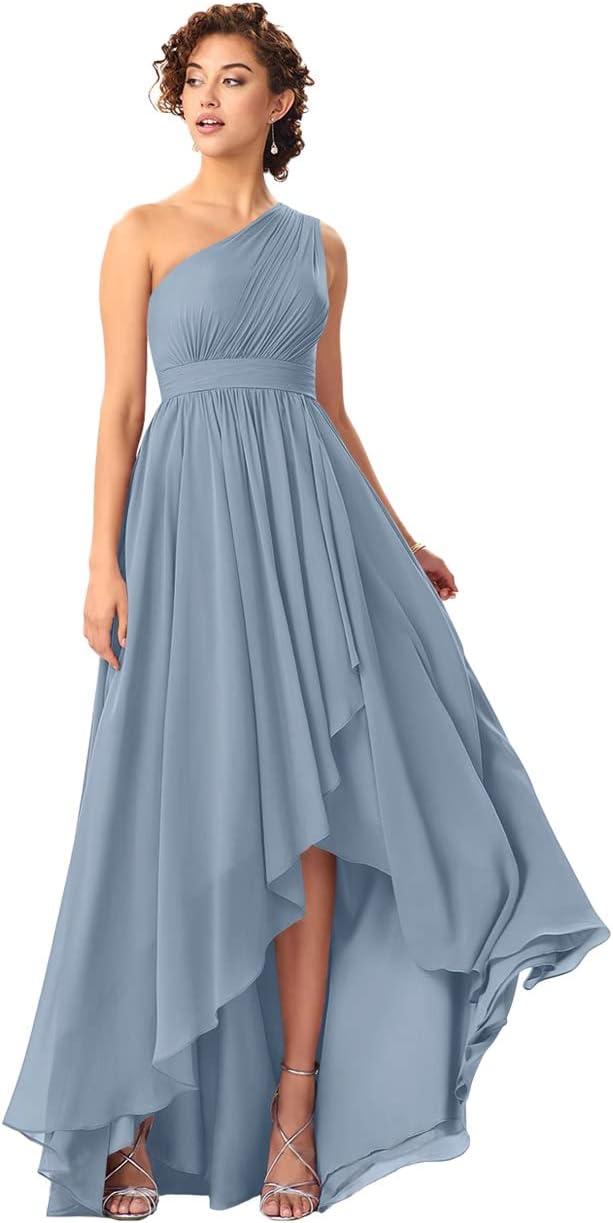 Women's One Shoulder Bridesmaid Dresses High Low Chiffon Formal Party Gowns with Pockets