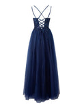 Yellow A-line Floor Length Glitter Tulle Prom Dress