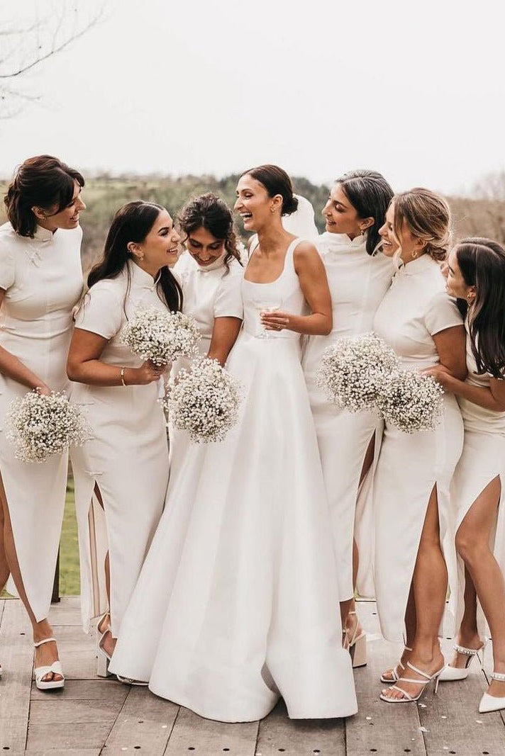 Simple A-Line Square Neck White Satin Wedding Dresses