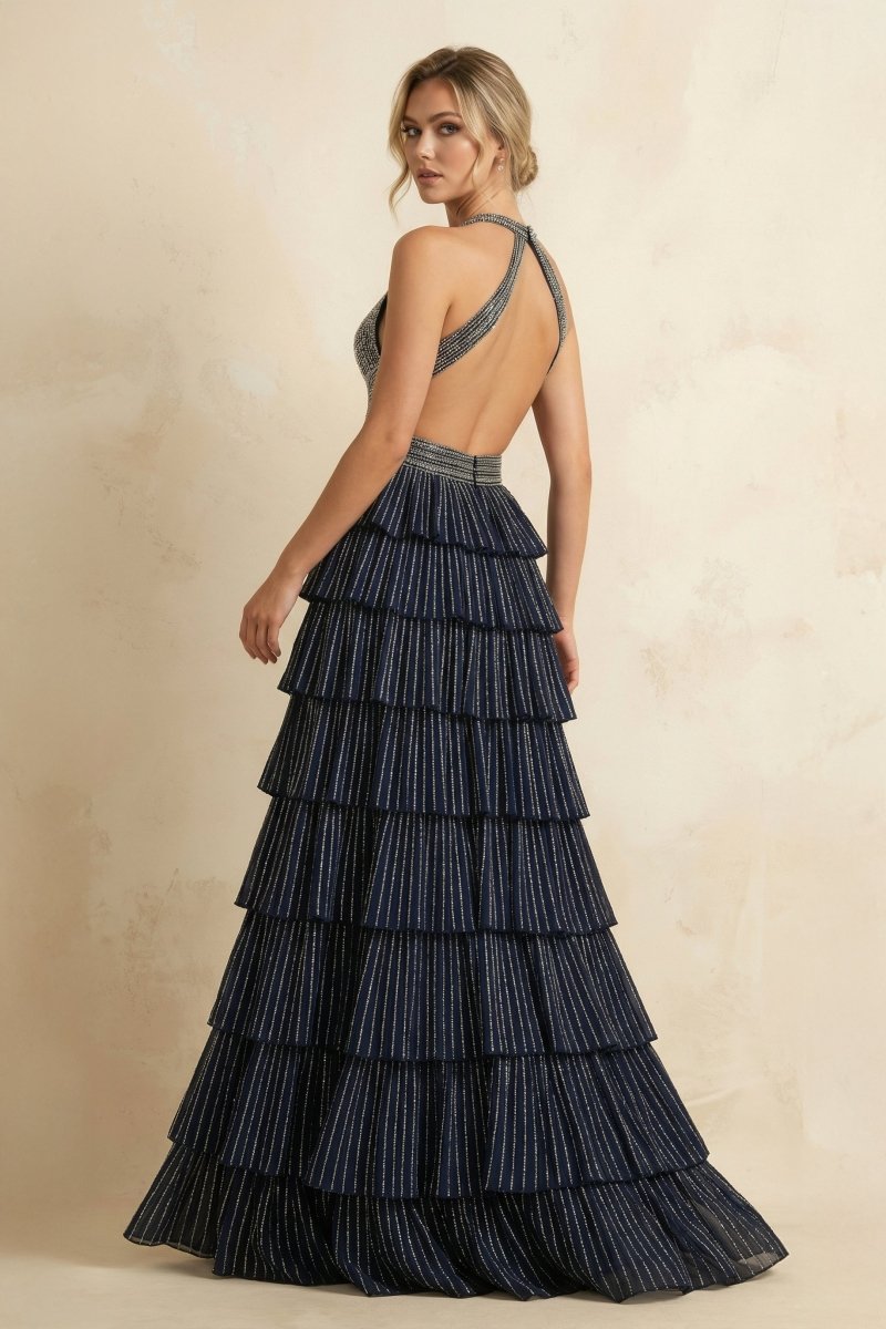 Navy Blue - A-Line Halter Satin Beaded Long Prom Dresses With Ruffles