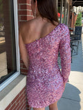 Black Bodycon One-Shoulder Sequins Mini Party Dresses