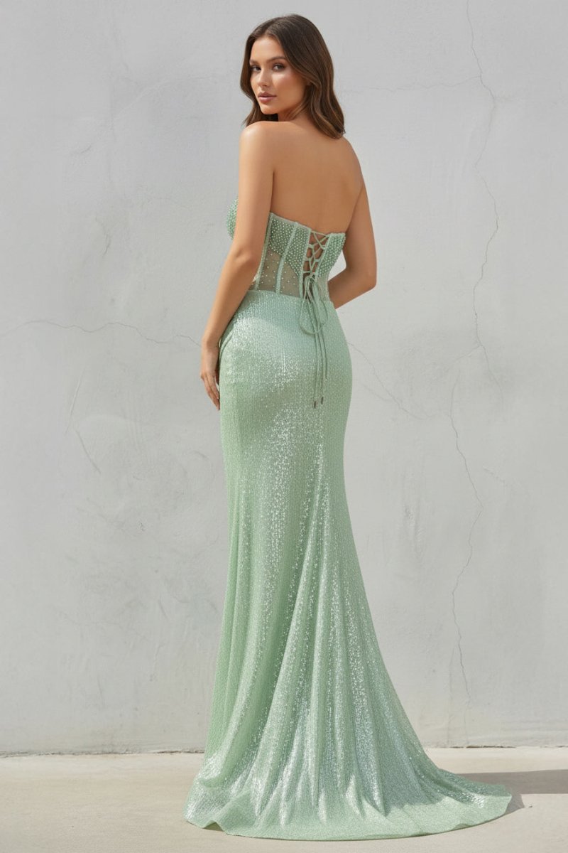 Strapless Mermaid Long Sequins Prom Dress With Split
