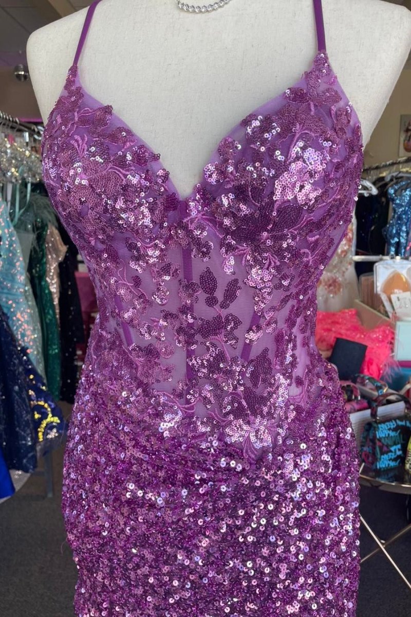 Sparkle Appliques Sequin Bodycon Lilac Mini Party Dresses