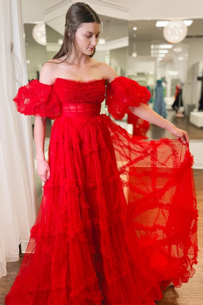 A-Line Strapless Ruffles Long Formal Dress with Puff Sleeves