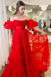 A-Line Strapless Ruffles Long Formal Dress with Puff Sleeves