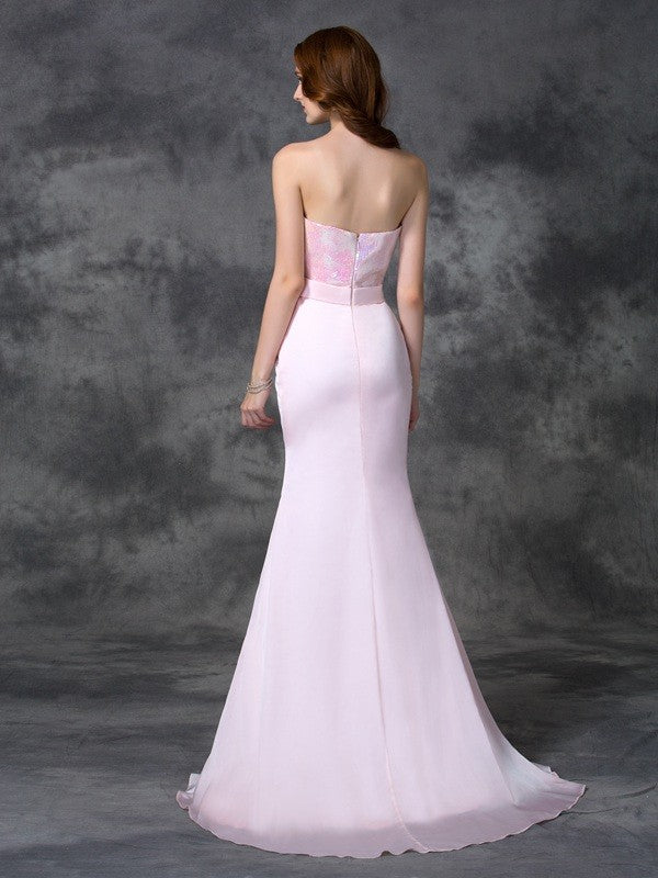Trumpet/Mermaid Sweetheart Beading Sleeveless Long Satin Chiffon Bridesmaid Dresses Formal Evening Dress