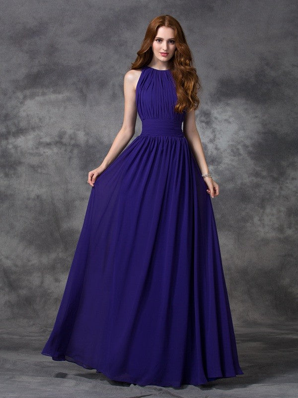 A-line/Princess Jewel Ruched Sleeveless Long Chiffon Bridesmaid Dresses Evening Dress