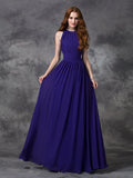 A-line/Princess Jewel Ruched Sleeveless Long Chiffon Bridesmaid Dresses Evening Dress